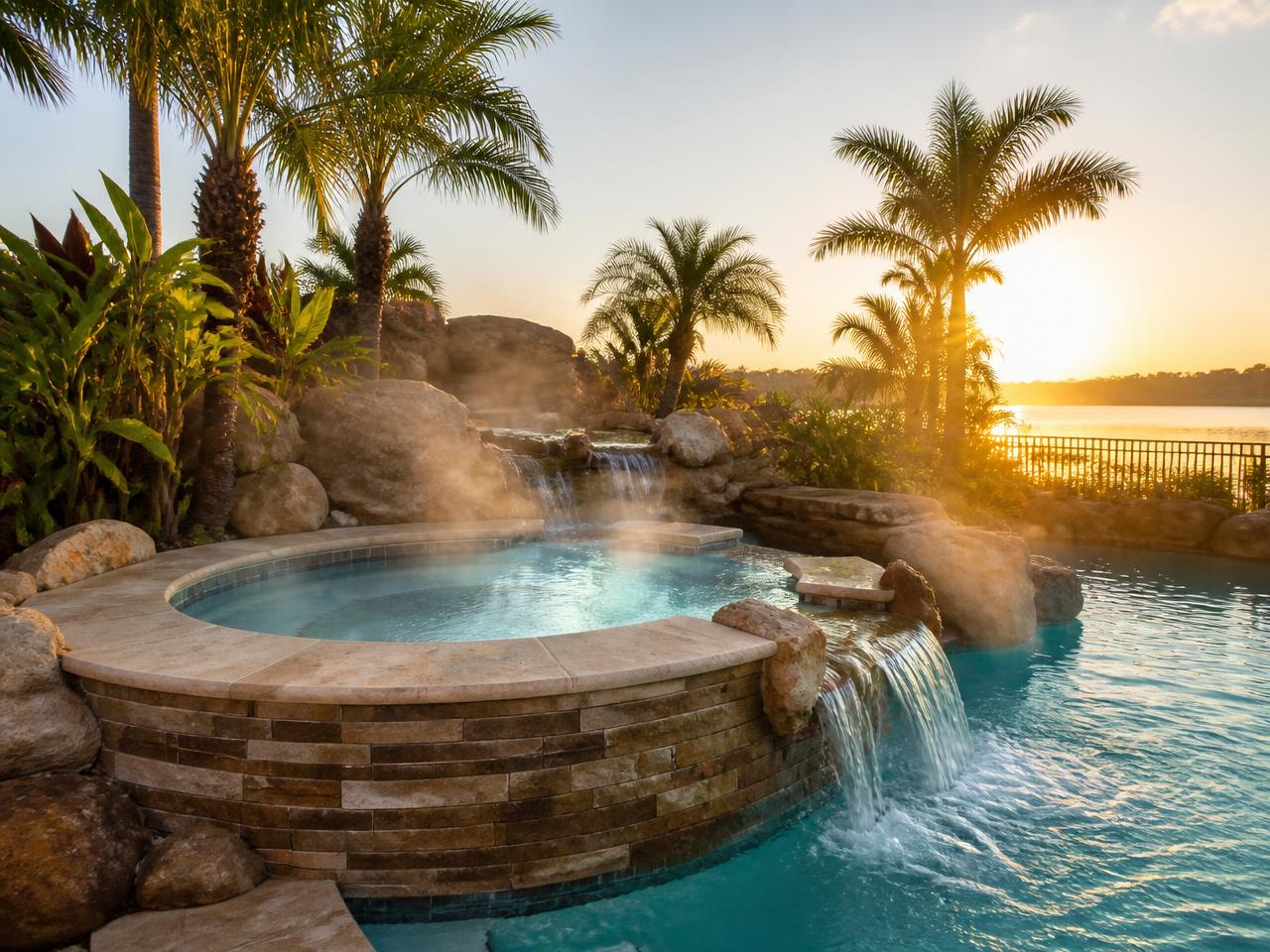 Rock waterfall spa with morning sunlight streaming over a freeform pool