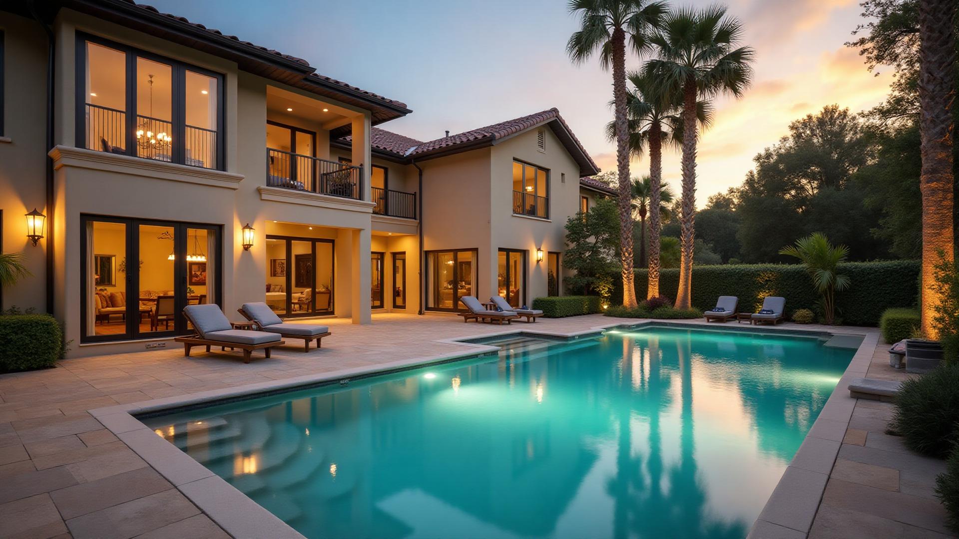 Luxury swimming pool in Florida backyard at sunset