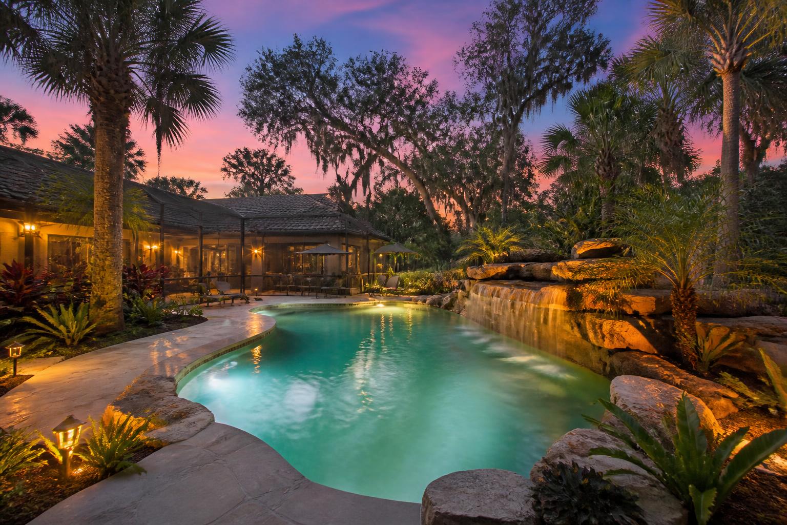Luxury freeform pool glowing at dusk in a palm-lined Central Florida backyard