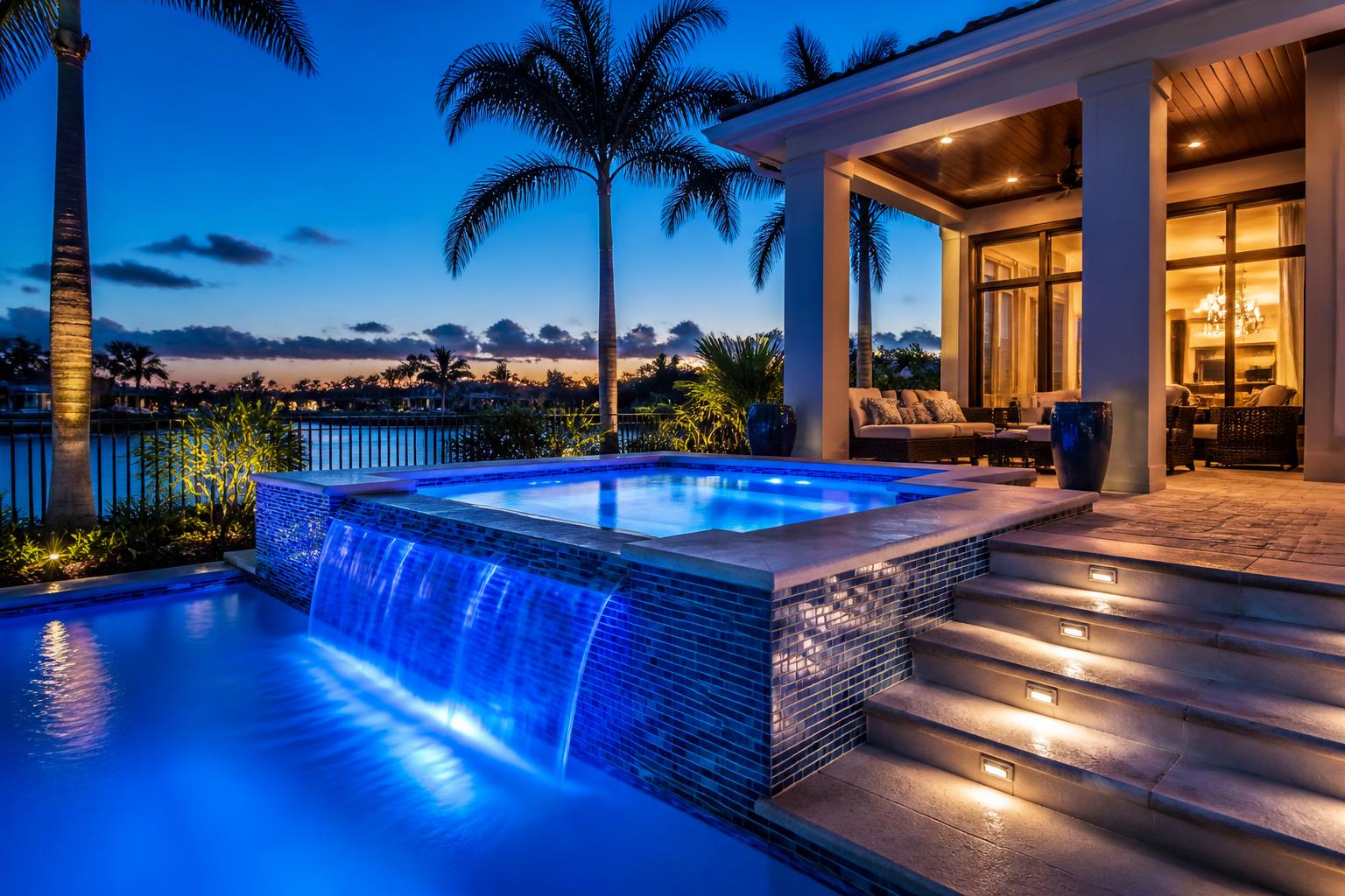 Raised spa with cascading spillover waterfall illuminated at blue hour