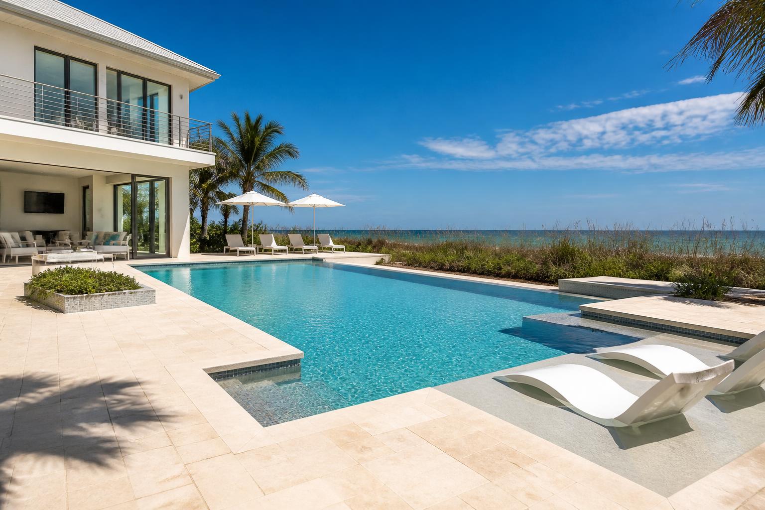 Modern geometric pool and travertine deck with Atlantic dunes in the background